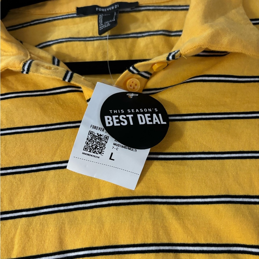 Forever 21 NWT Yellow Striped Cropped Polo Shirt NWT Women’s Size Large